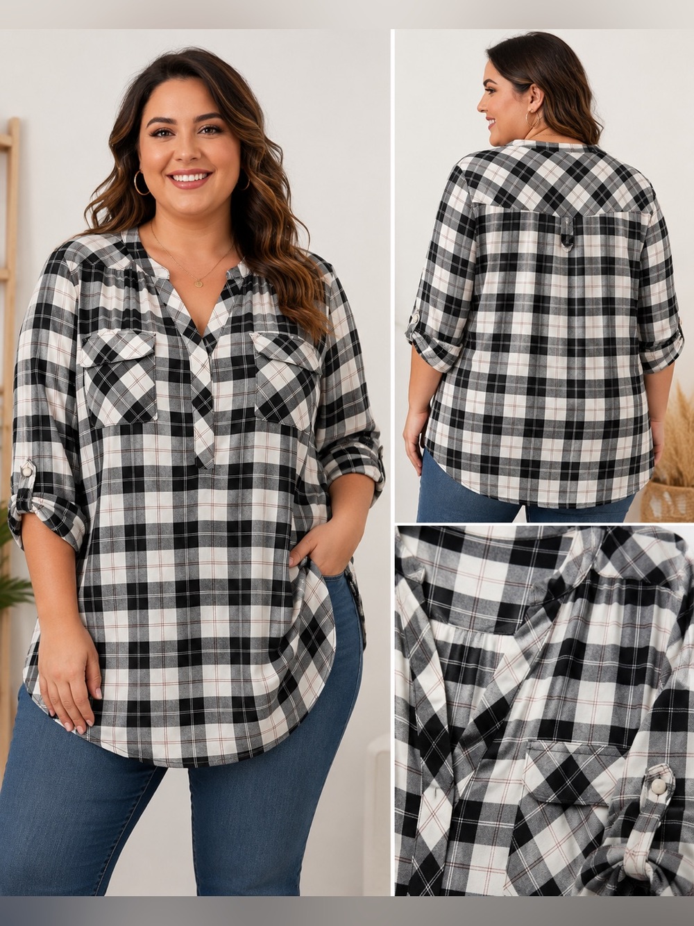 Torrid Harper Size 2 Black/White Plaid Shirt 3/4 Roll Tab Sleeves